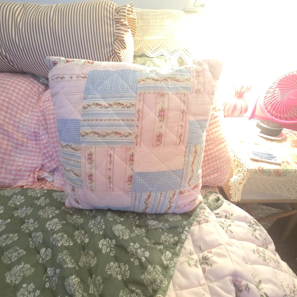Patchwork Quilted Throw Pillow - Pink & Blue